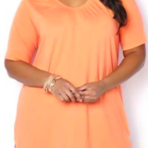 T-SHIRT, RUCHING DETAIL, PAPAYA ORANGE, SIZE 5X, SHORT SLEEVES, RELAXED FIT, - Picture 1 of 3